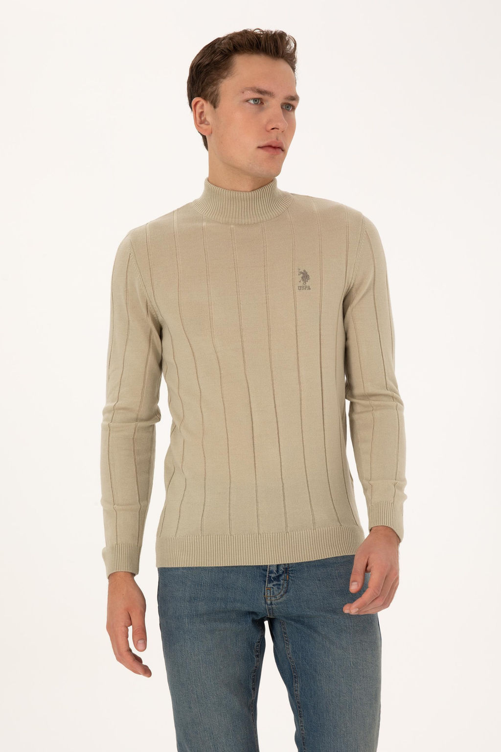 Erkek Slim Fit Yar_m Bal_k__ Yaka A__k Haki Kazak - U.s. polo assn фото 3