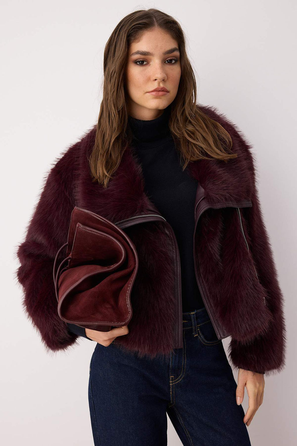 Bordo Oversize Kal?p Kurk Biker Ceket Mont TWOAW26MO00058 - Trendyolmilla фото 2
