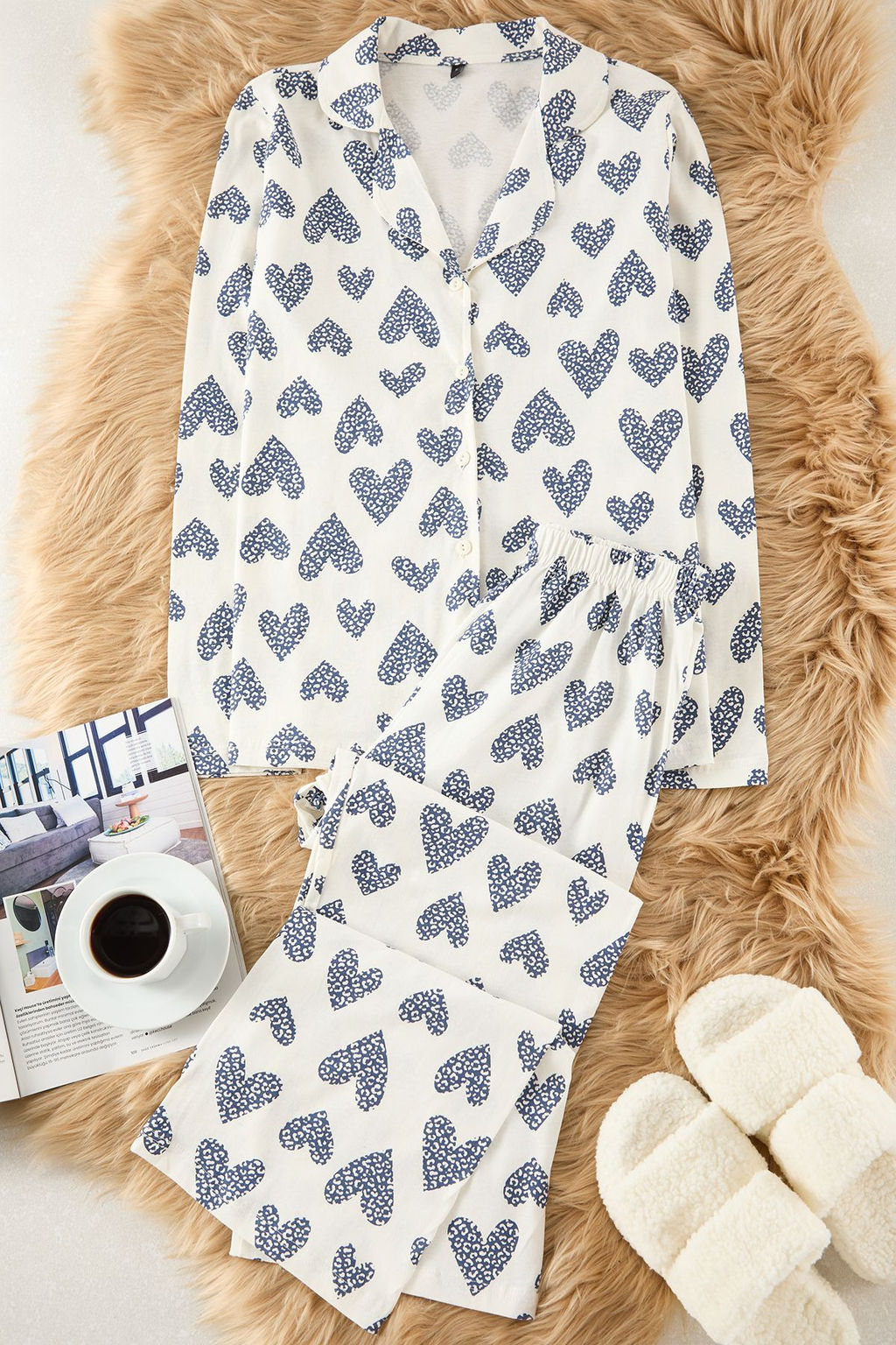 Ekru %100 Pamuklu Leopar Kalpli Orme Pijama Tak?m? THMAW25PT00142