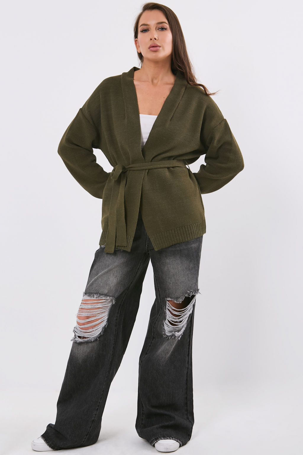 Кардиган объемный без застежки хаки