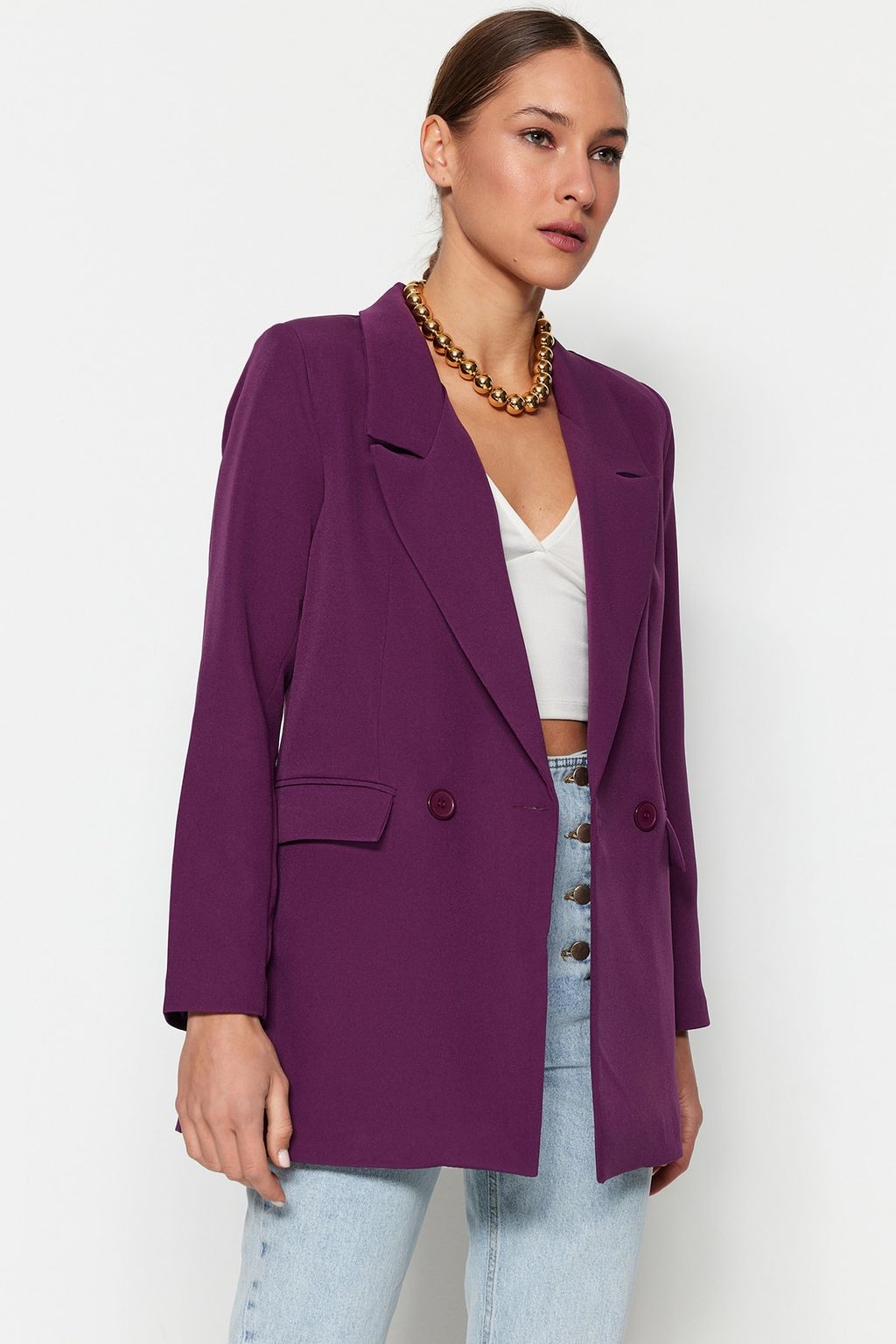 TRENDYOLMILLA Siyah Regular Astarl? Kruvaze Kapama Dokuma Blazer Ceket TWOSS20CE0059  фото 9