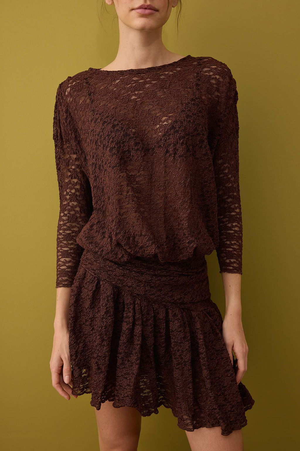 Kahverengi Boho Orme Dantel K?sa / Mini Elbise TPRAW26EL00046