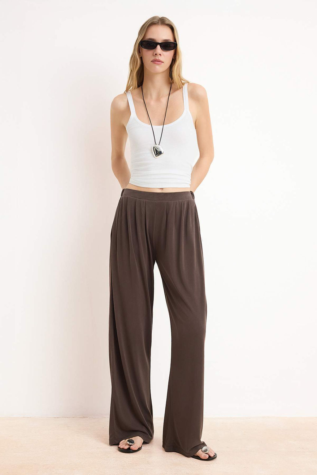 TRENDYOLMILLA Tas Pilili Wide Leg/Rahat Kesim Esnek Orme Pantolon TWOAW25PL00073  фото 6