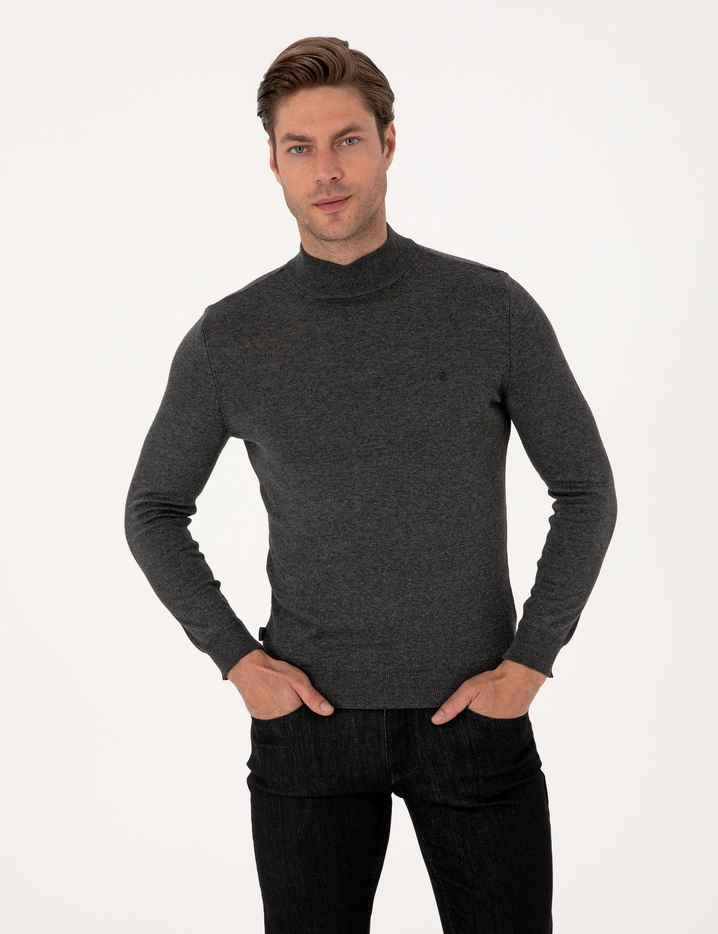 Antrasit Melanj Slim Fit Yar_m Bal_k__ Yaka Basic Triko Kazak