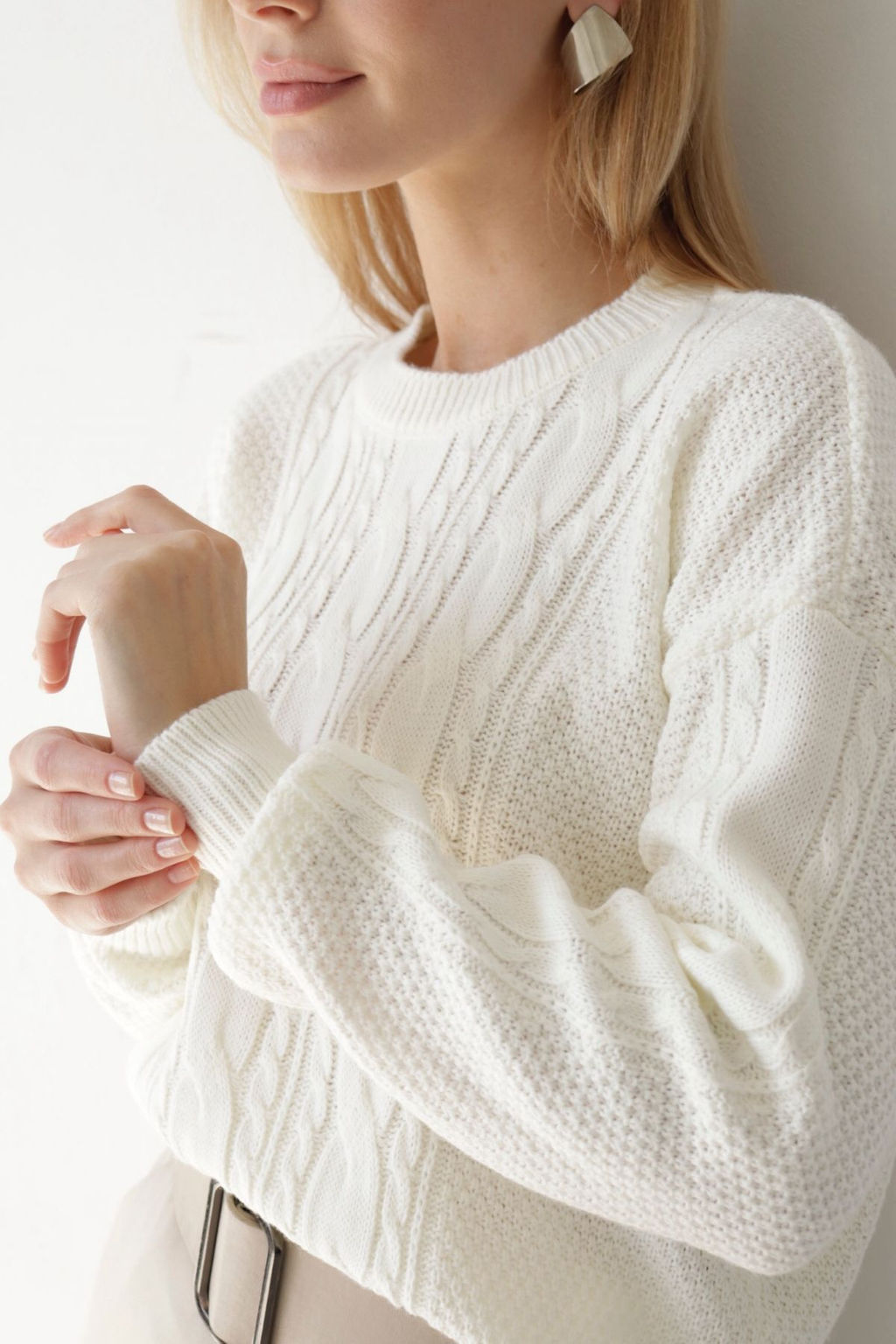Белый джемпер с косами из хлопка и шерсти мериноса - Martichelli фото 8