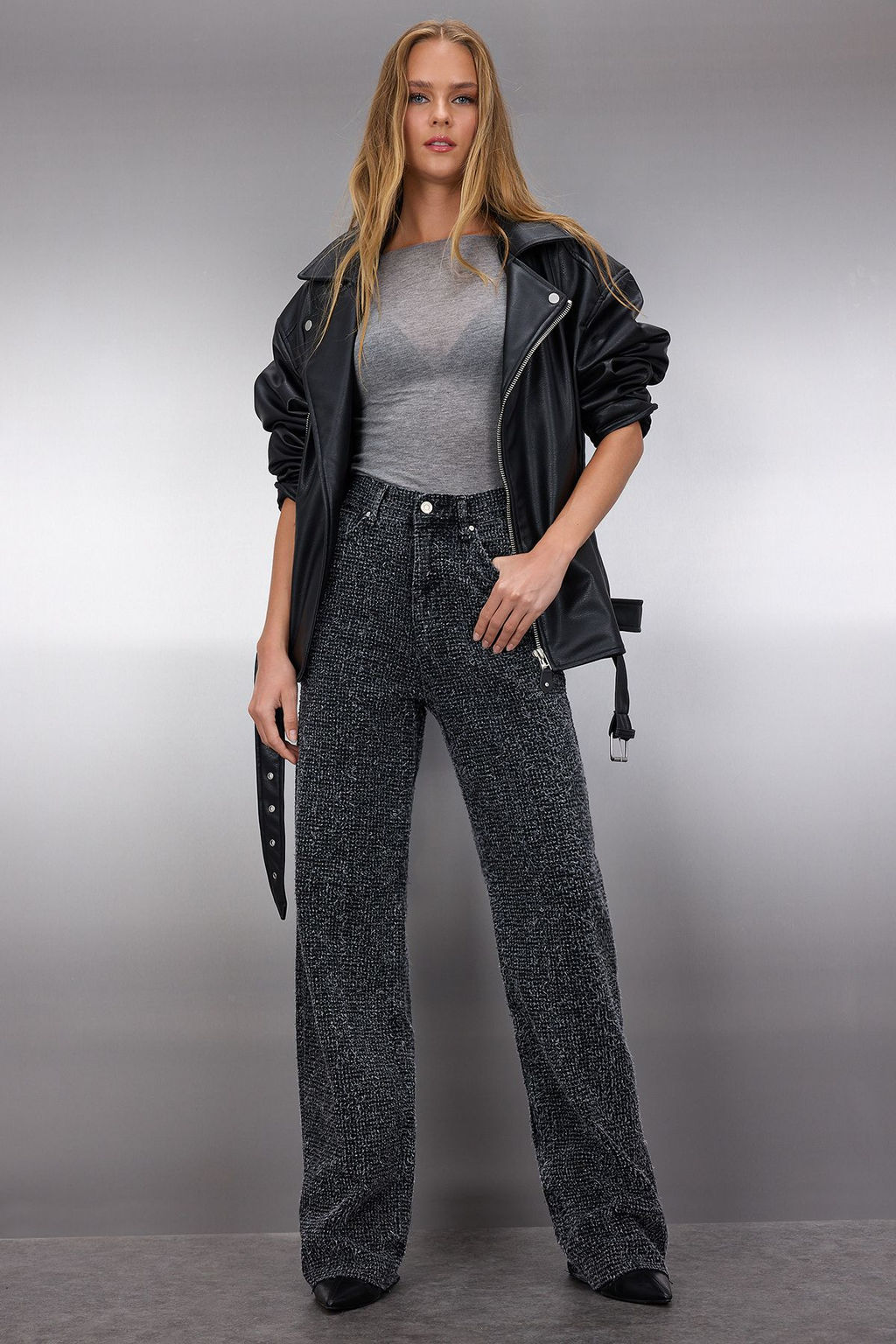 Siyah Dokulu Yuksek Bel Wide Leg Jeans TWOSS25JE00149 - Trendyolmilla фото 3