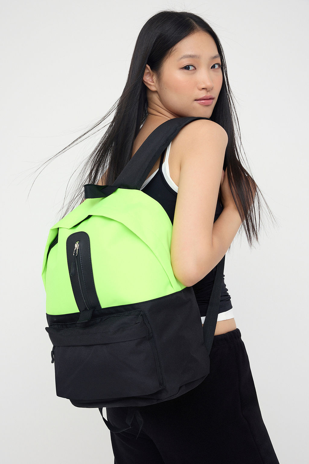 Teen Siyah Neon Yesil Kontrast Fermuar Detayl? Kids Okul S?rt Cantas? TAKAW26OI00005