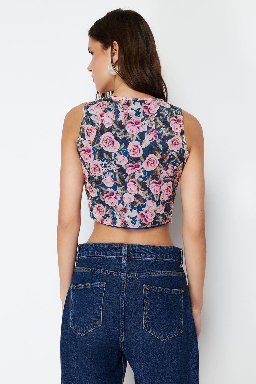 Trendyolmilla Cok Renkli Kare Yaka Slim Bask?l? Tul Orme Bluz TWOSS23BZ00454  фото 6