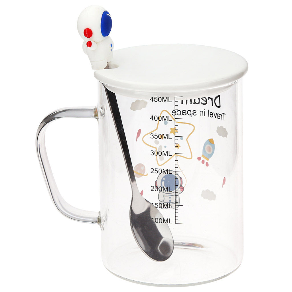 Кружка стеклянная Путешествие в космос 450мл, д8см h11см, д/основания 7,4см, тонкостенное стекло, деколь в ассортименте, фарфоровая крышка, ложка нерж. с декором 15см, с мерной шкалой, в подарочной коробке (Китай) - Домашняя мода фото 13