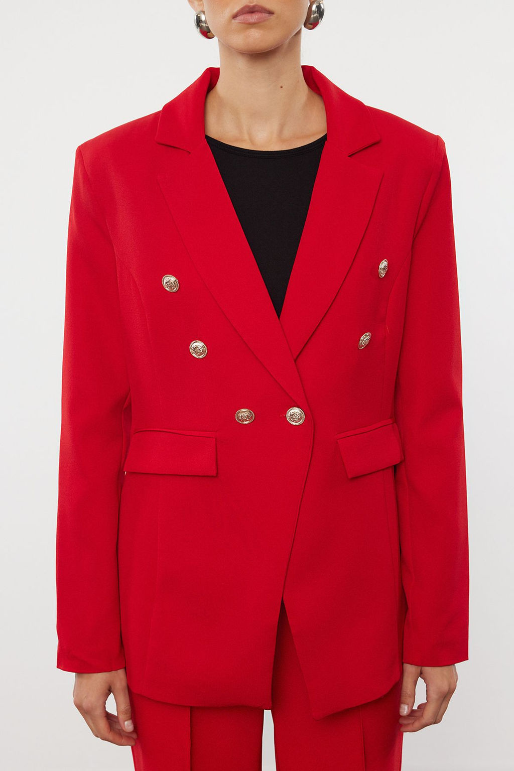 K?rm?z? Dugme Detayl? Astarl? Fitted Bele Oturan Kal?p Dokuma Blazer Ceket TWOAW25BC00021 - Trendyolmilla фото 3