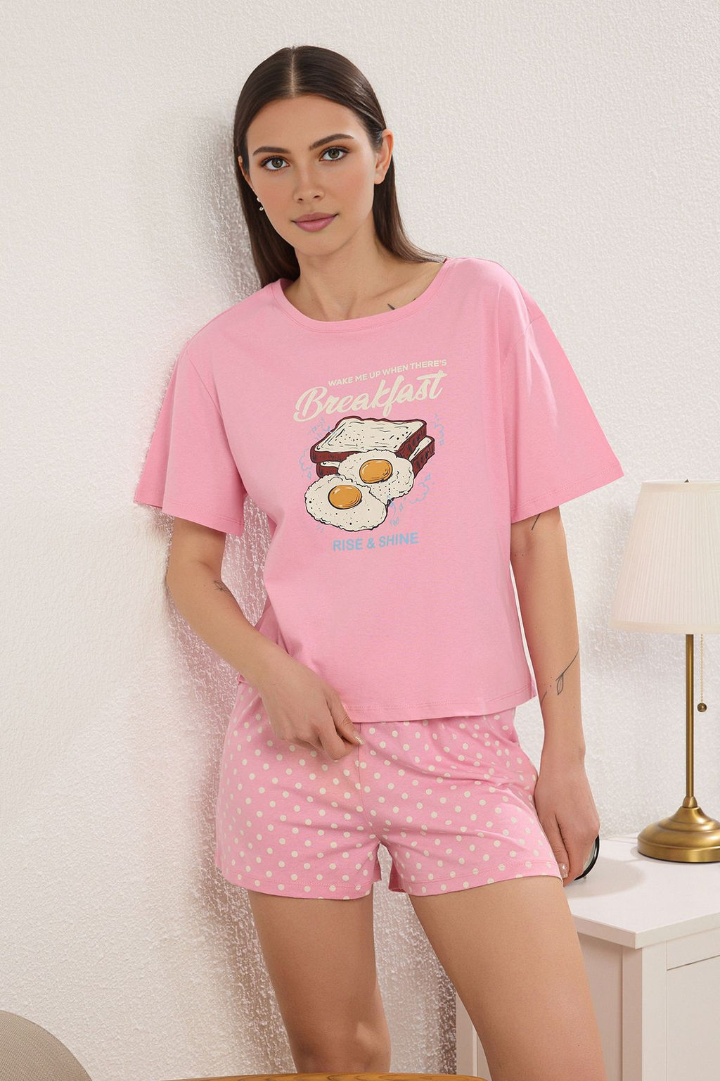 Pembe %100 Pamuklu Eglence Bask?l? Puantiyeli Sortlu Orme Pijama Tak?m? THMSS25PT00361