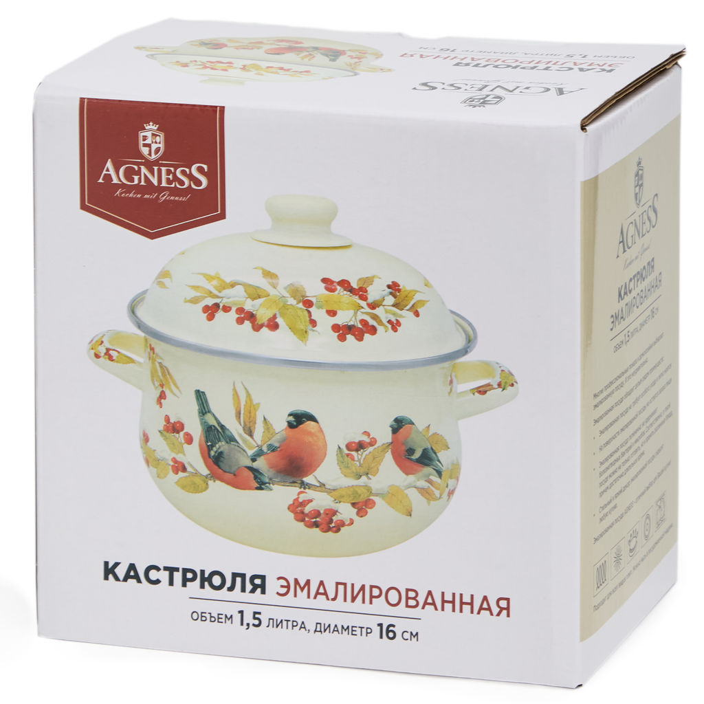 КАСТРЮЛЯ AGNESS ЭМАЛИРОВАННАЯ С ЭМАЛ.КРЫШКОЙ СЕРИЯ СНЕГИРИ, 1.5 Л, 16*10 СМ  фото 2