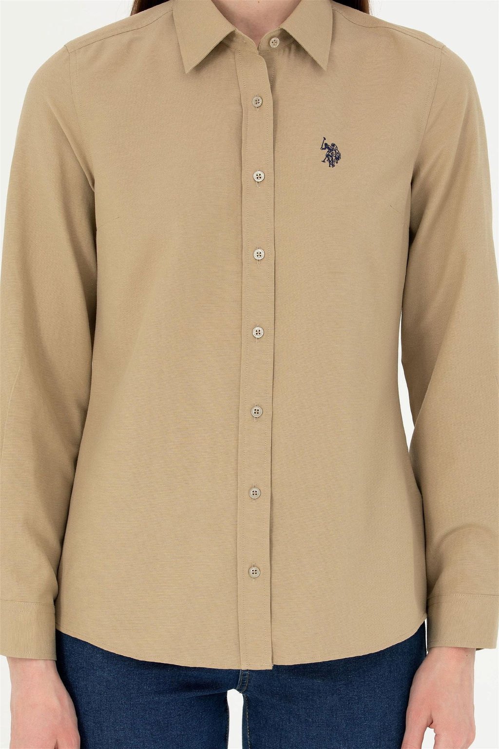 Женская базовая рубашка цвета хаки с длинным рукавом - U.s. polo assn фото 6