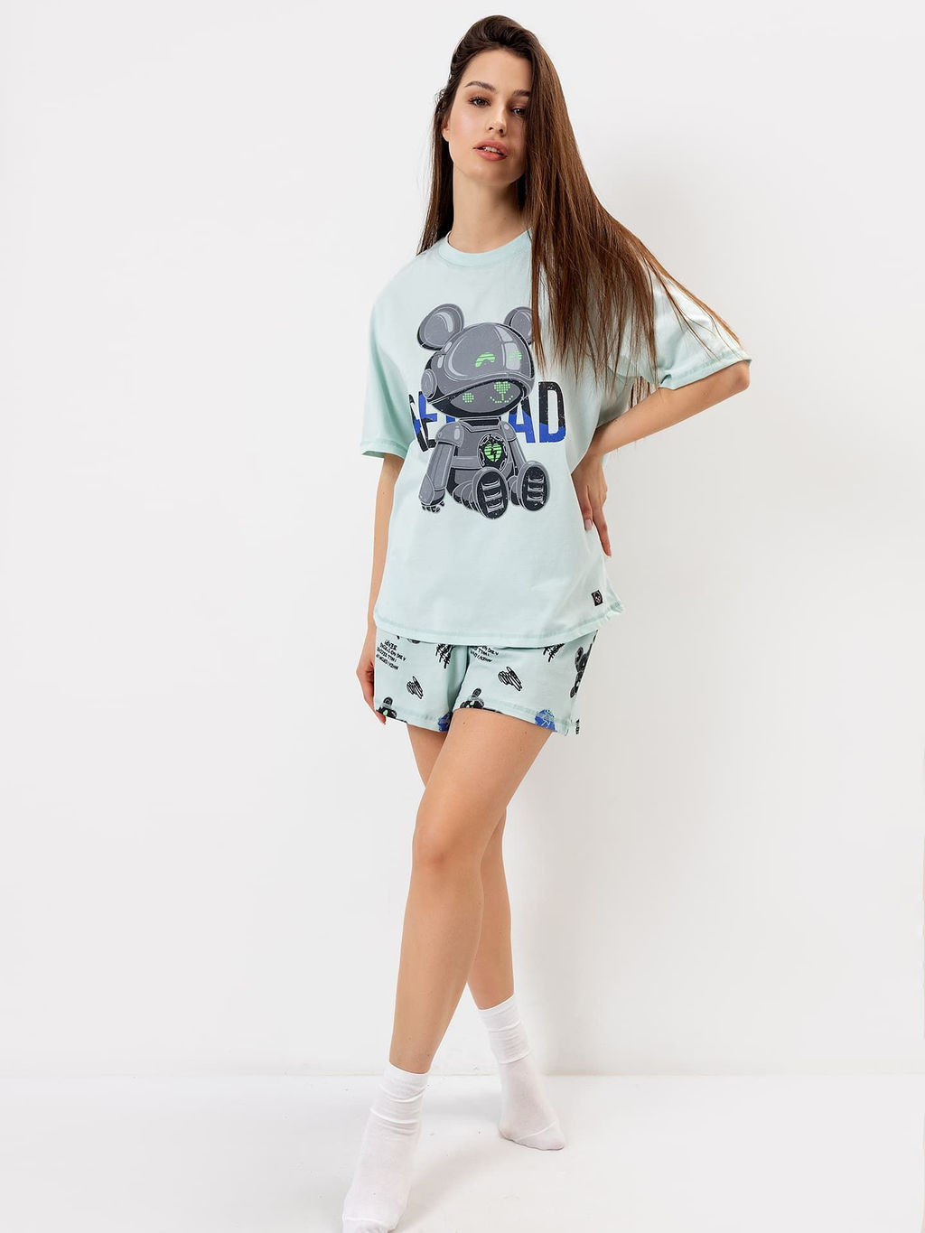 Комплект женский (футболка, шорты) в мятном цвете с медведями - Mark formelle фото 2