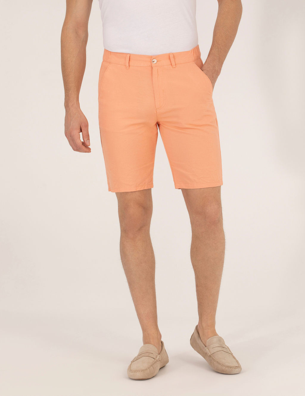 Turuncu Slim Fit Keten Kar___ml_ Beli Lastikli Bermuda _ort