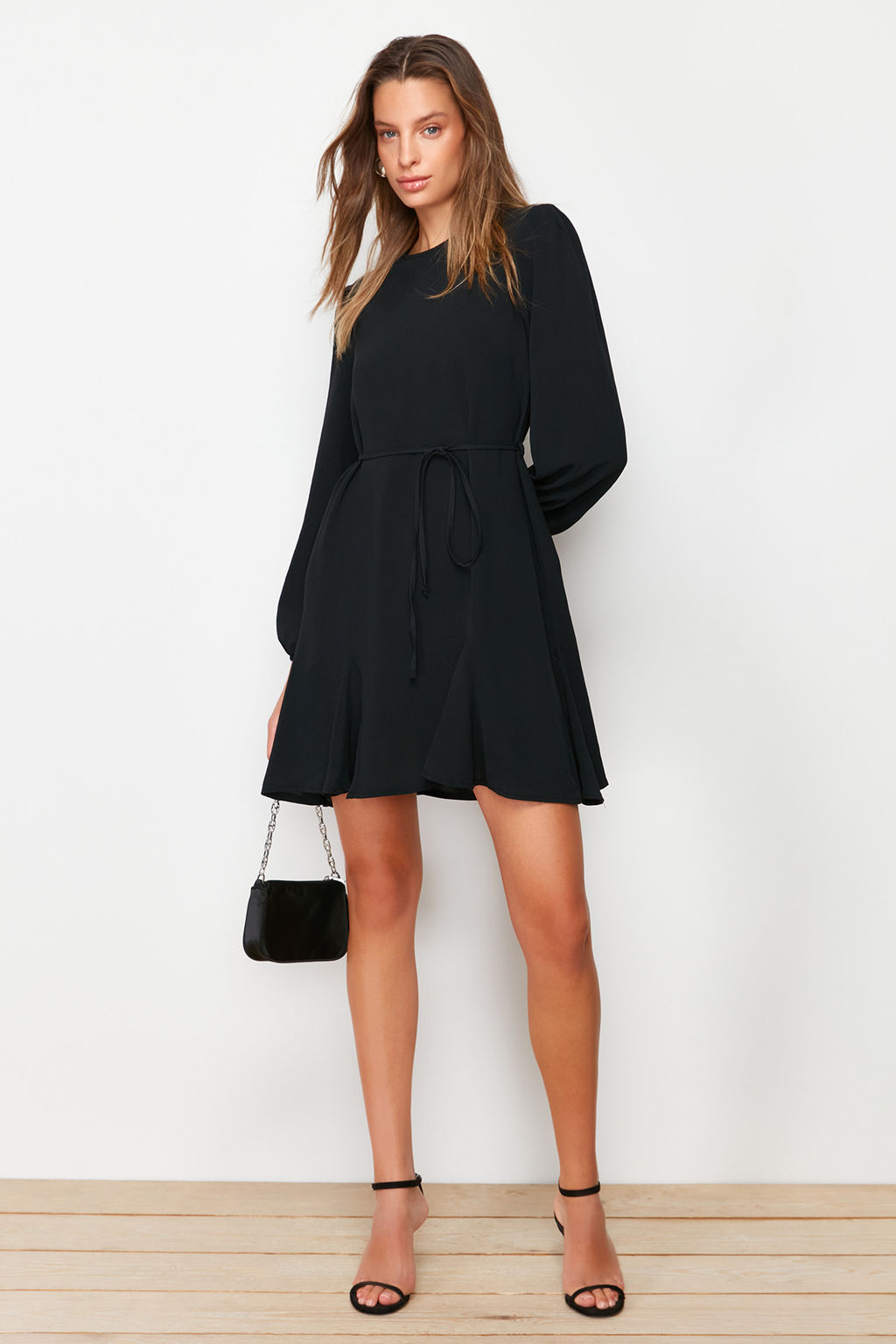 Siyah Kusakl? Duz Kesim Bisiklet Yaka Mini Dokuma Elbise TWOAW24EL00337