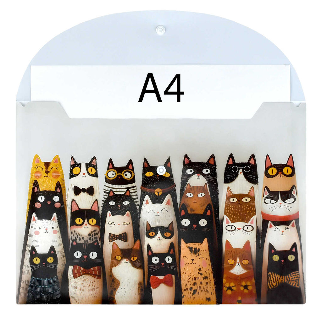 Папка для школьных тетрадей пластиковая Феникс+, арт. 72225/ 12 ВЕСЕЛЫЕ КОТЫ (полипропилен, формат А4, 33.5х23 см, 1 отделение (-я), кнопка, УФ-печать)