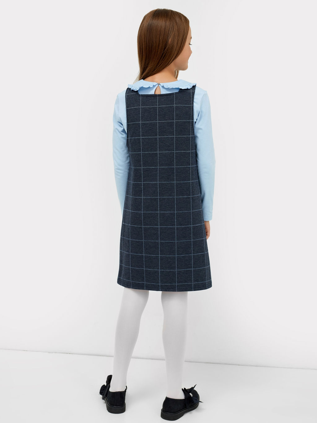 Прямой сарафан на широких бретелях сине-серого цвета в клетку для девочек - Mark formelle фото 2