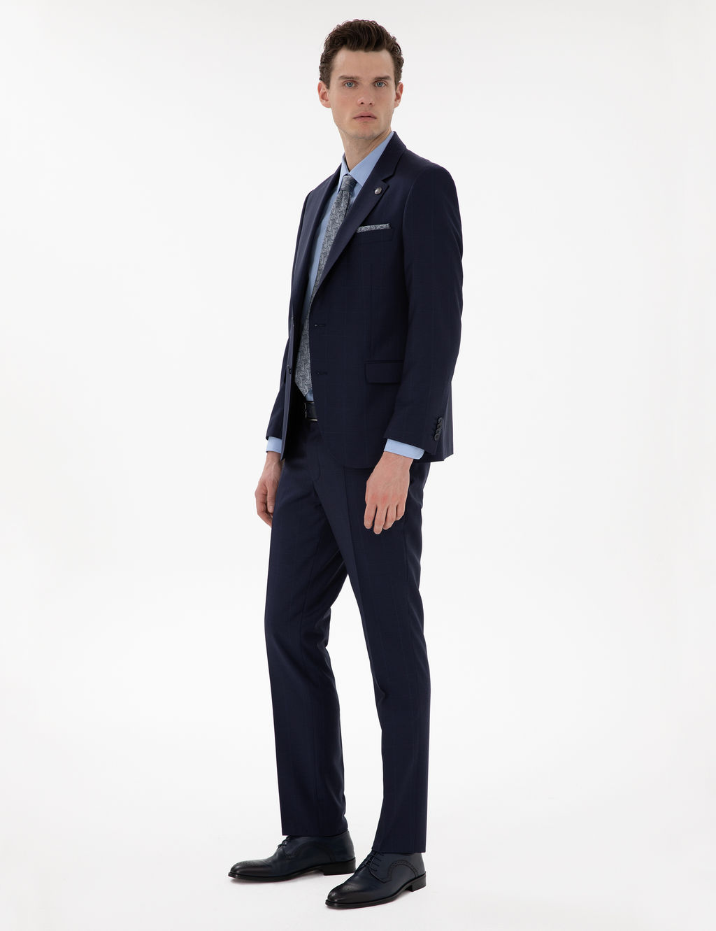 Lacivert Slim Fit %100 Y_n Ekose Tak_m Elbise