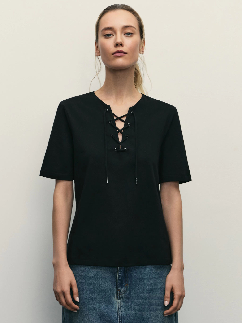 Футболка из хлопка со шнуровкой / Zarina фото 3