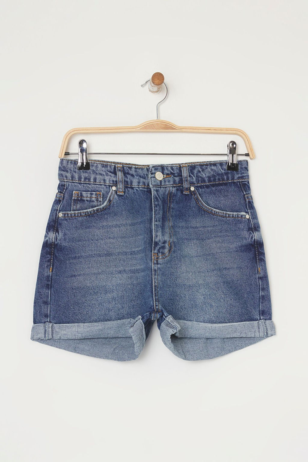 Koyu Mavi Yuksek Bel Paca Katlamal? Mini Denim Sort TWOSS25SR00170