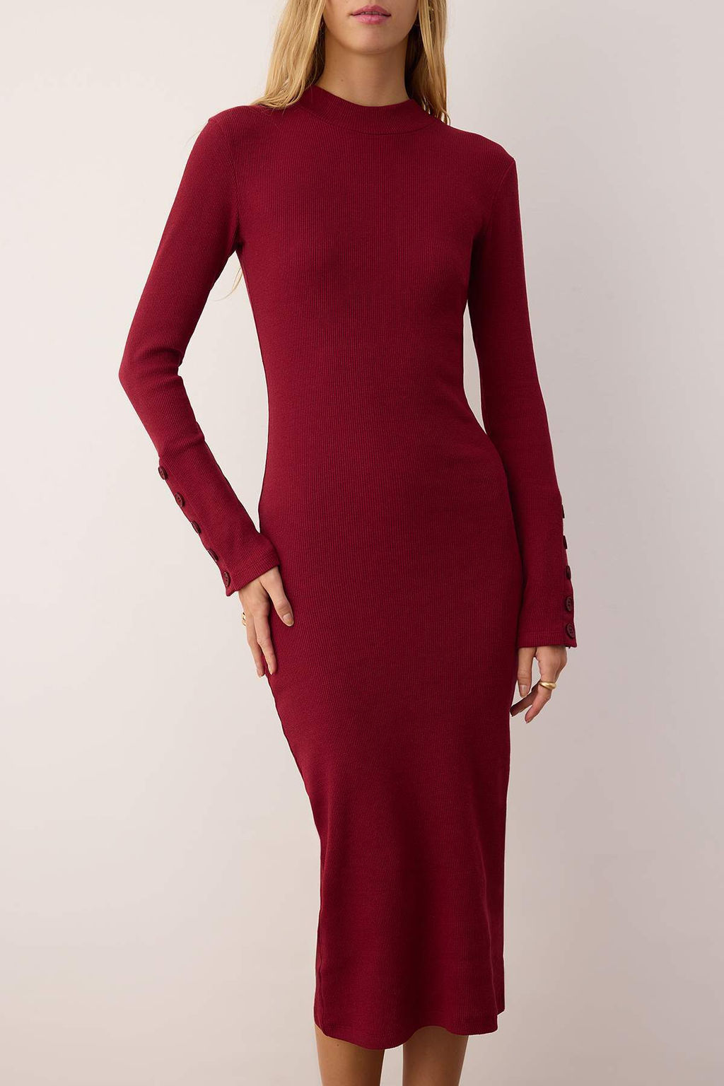 Bordo Dik Yaka Fitted/Vucuda Oturan Dugmeli Midi Orme Elbise TWOAW26EL00218