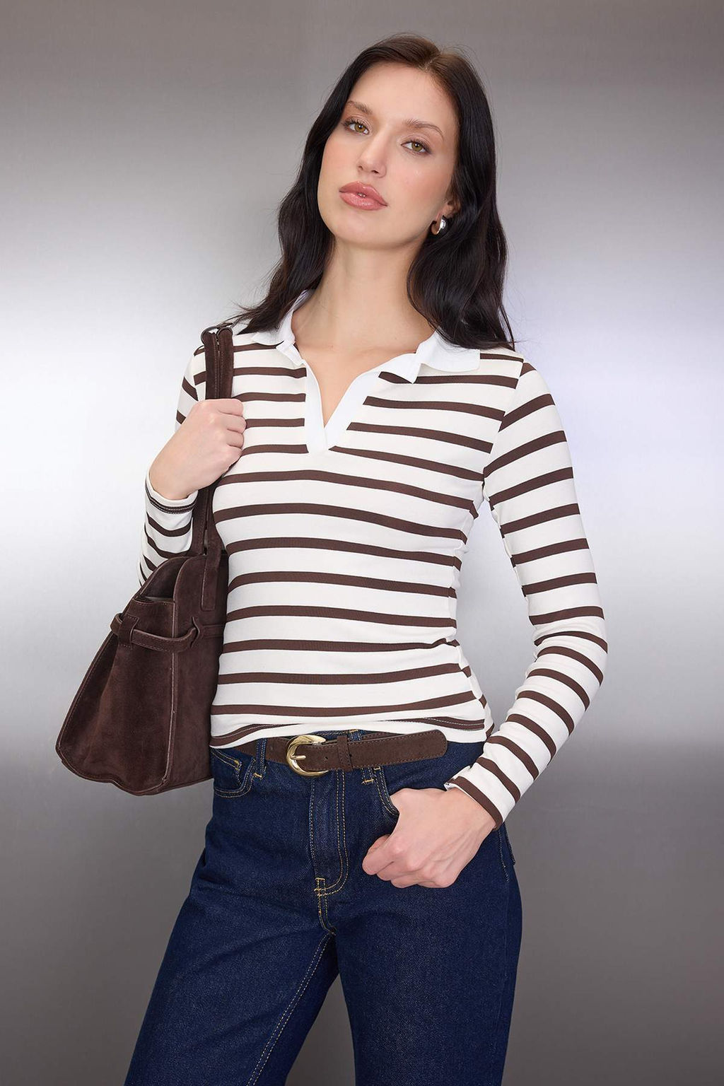 Kahverengi Cizgili Soft Touch Polo Yaka Vucuda Oturan Orme Bluz TWOAW26BZ00355