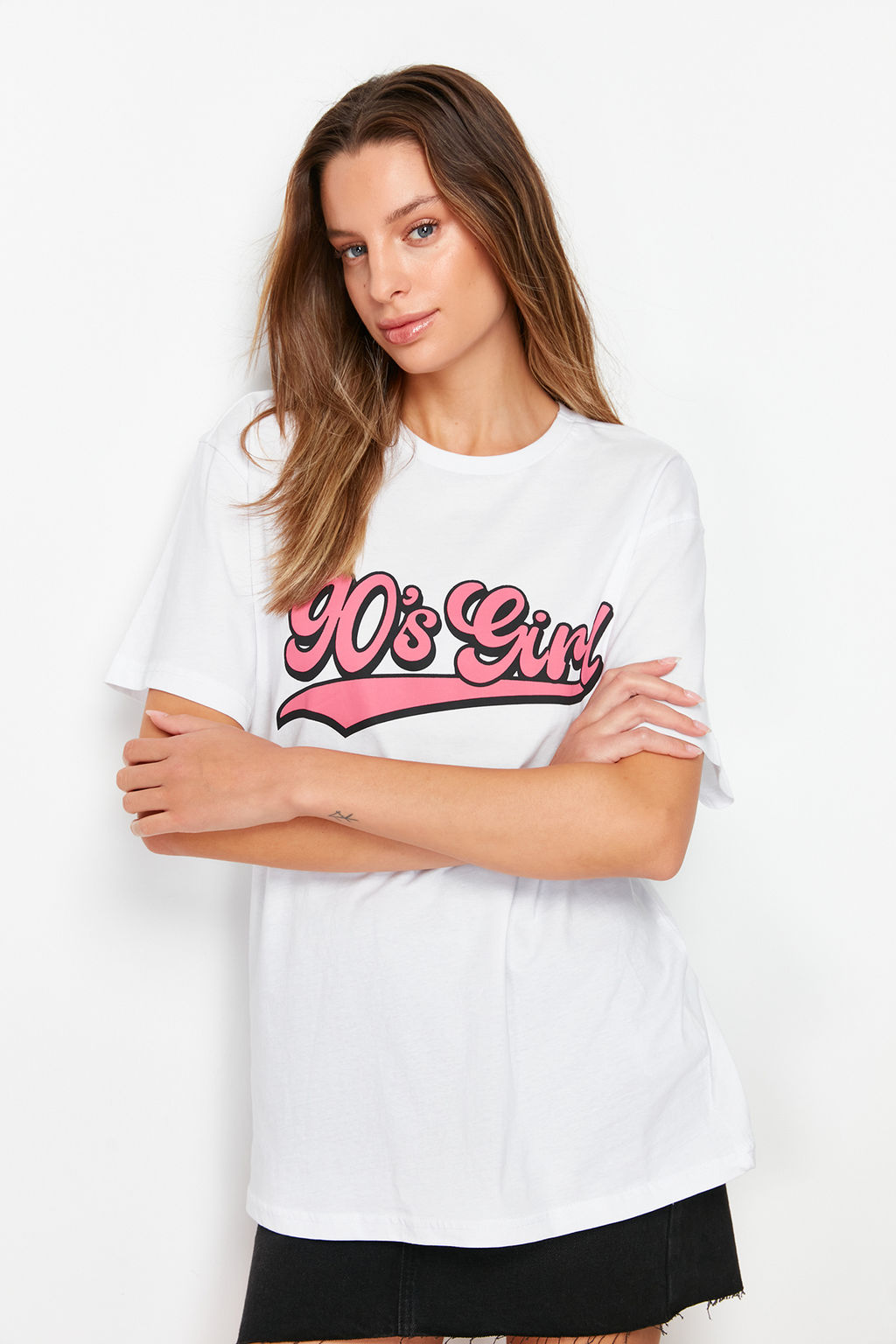 TRENDYOLMILLA Lacivert Bask?l? Oversize/Genis Kal?p Dik Yaka Orme T-Shirt TWOSS23TS00373  фото 12