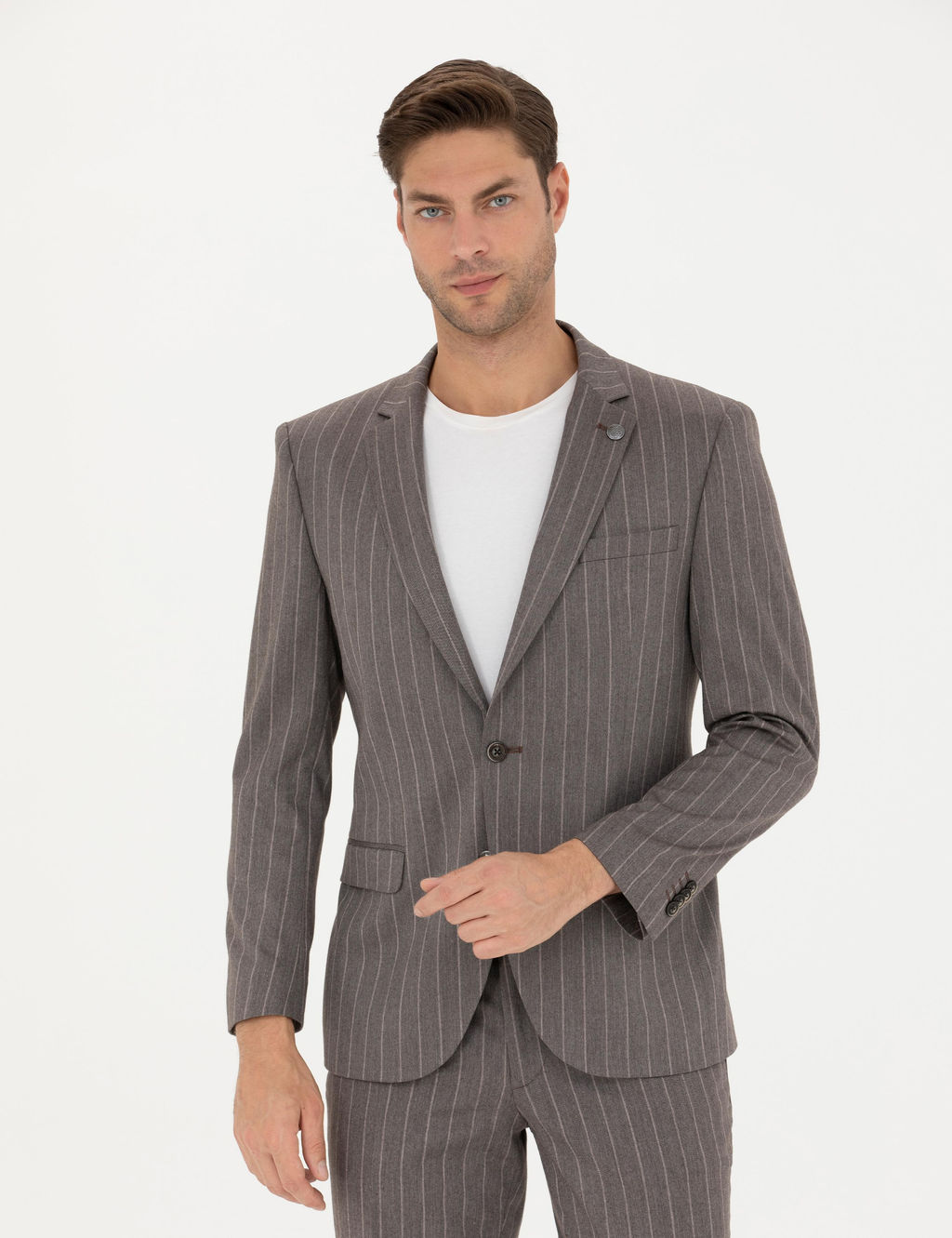 A__k Kahverengi Ex. Slim Fit _izgili Tak_m Elbise