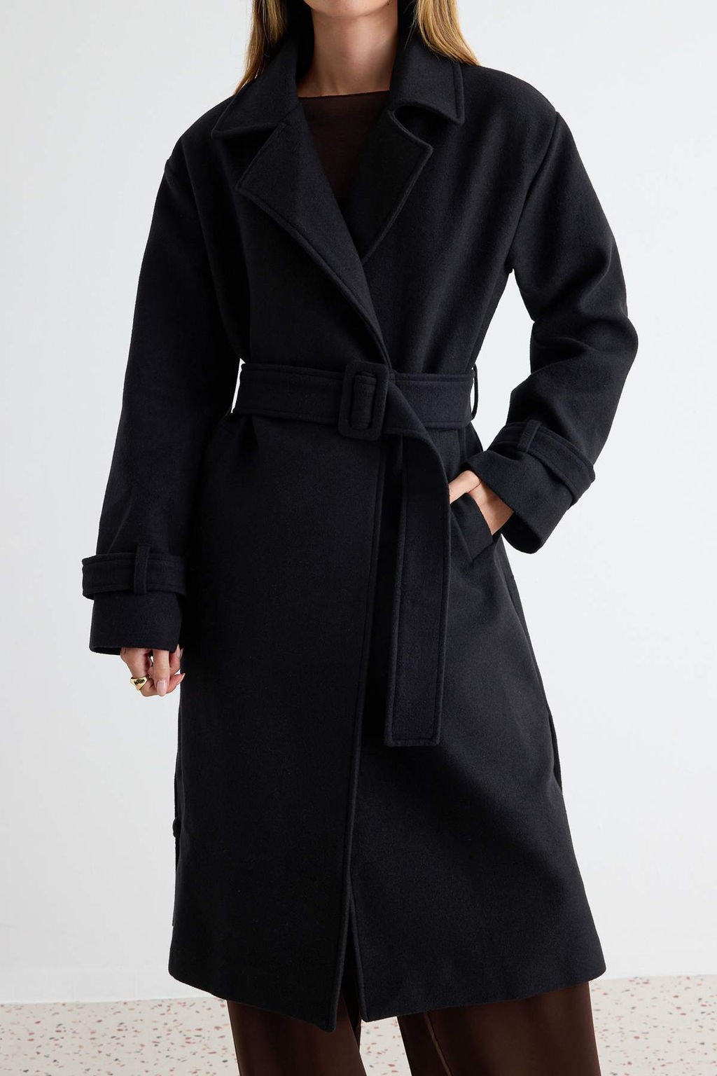 Siyah Oversize Geni_ Kesim Kemerli Uzun Y_nl_ Ka_e Kaban TWOAW22KB0015 - Trendyolmilla фото 4