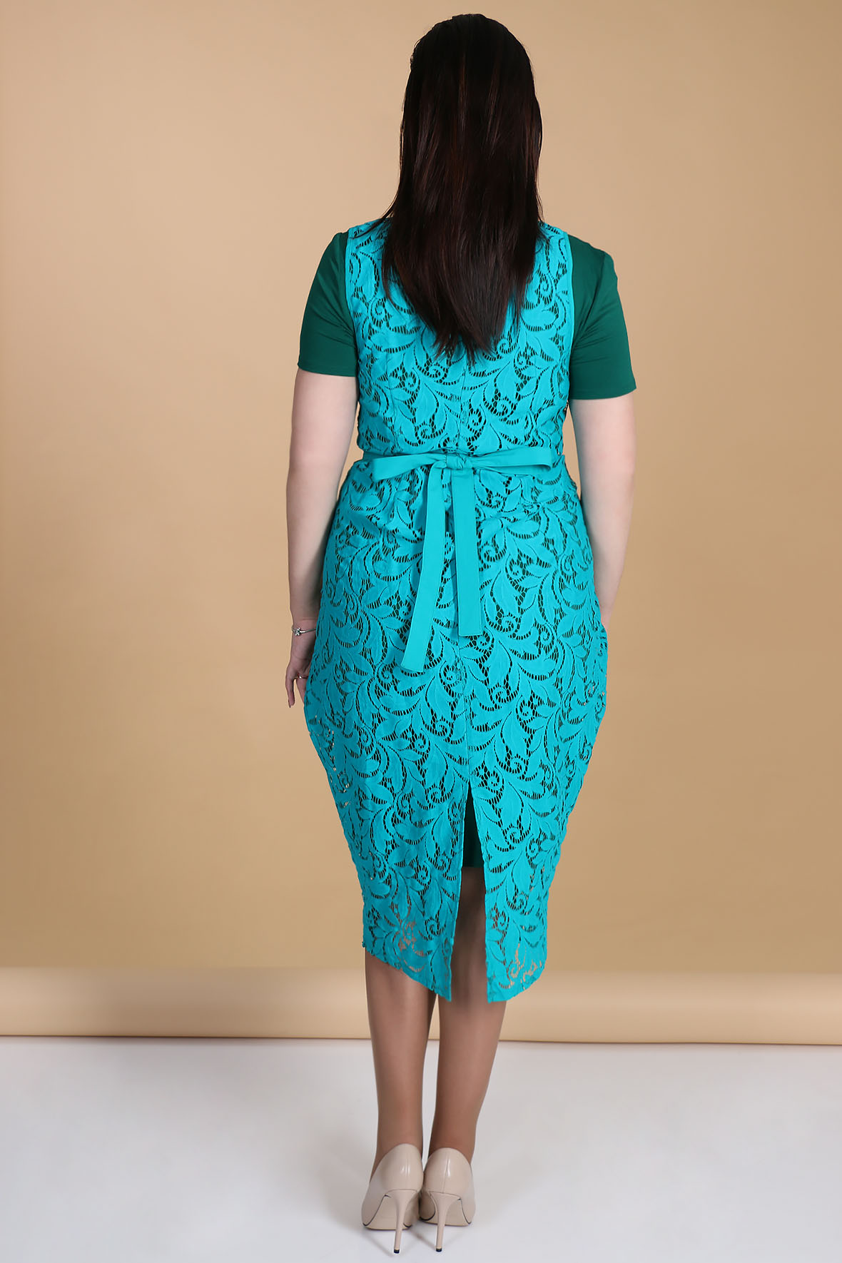 Платье-двойка белорусское с накидкой из гипюра - Almond фото 3