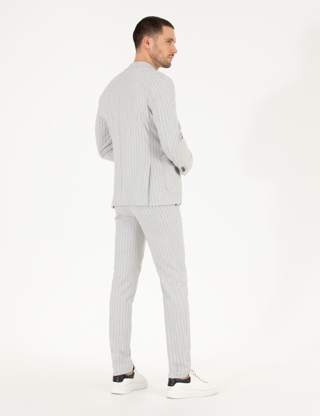 Gri Ex. Slim Fit _izgili Spor Tak_m Elbise