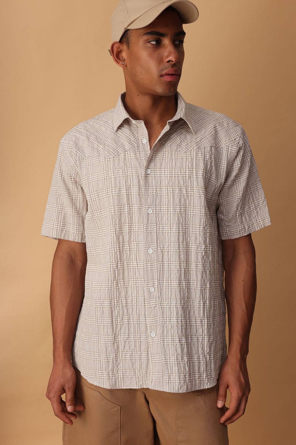 TRENDYOL MAN Bej Oversize Fit Dokulu Kabartmal? Kareli Yazl?k Gomlek TMNSS25GO00047 - Trendyolmilla фото 2