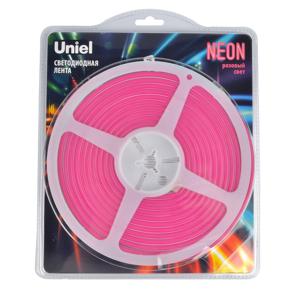 ULS-N01-2835-120LED/m-6mm-IP67-DC12V-9W/m-5M-PINK Гибкая светодиодная лента. NEON. Катушка 5м. в блистере. Розовый свет. ТМ Uniel