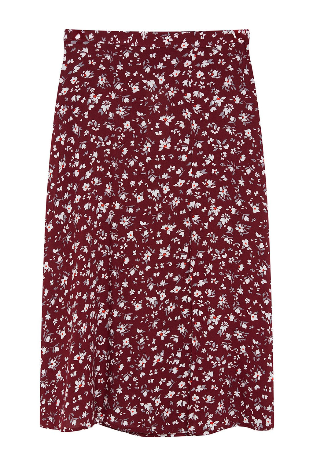 Bordo Y?rtmac Detayl? Cicek Desenli Viskon Kumasl? Midi Dokuma Etek TWOSS20ET0230