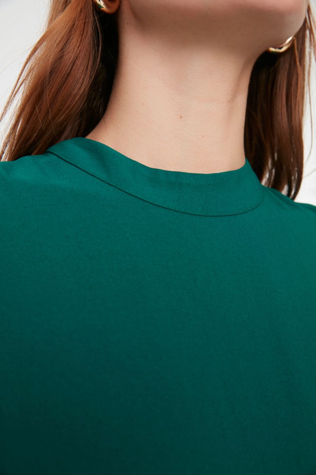 Zumrut Yesili Shift/Duz Kesim Dik Yaka Midi Dokuma Elbise TWOSS20EL1864