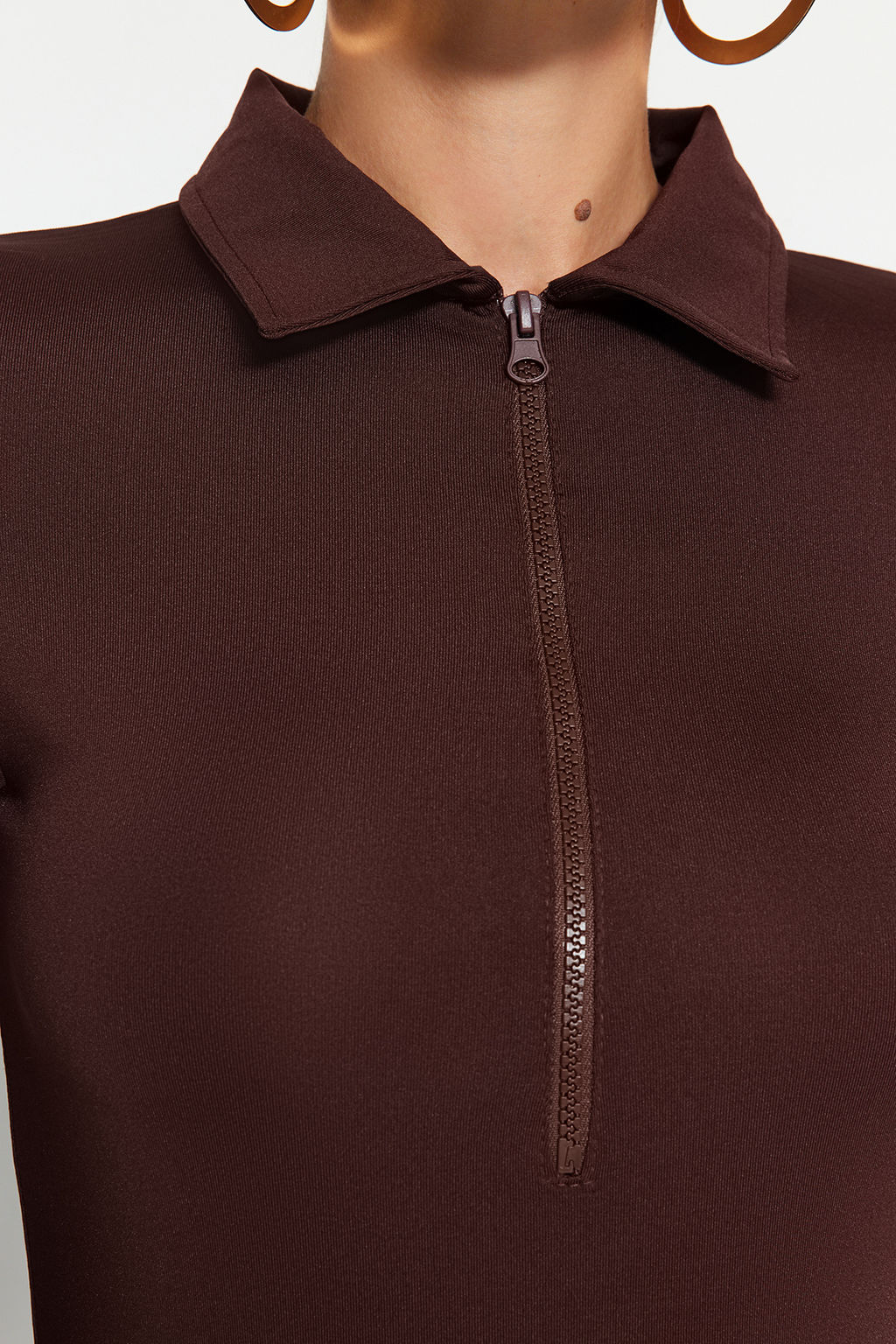 Kahverengi Fermuar Yaka Detayl? Alttan C?tc?tl? Esnek Orme Body TWOAW24BD00005