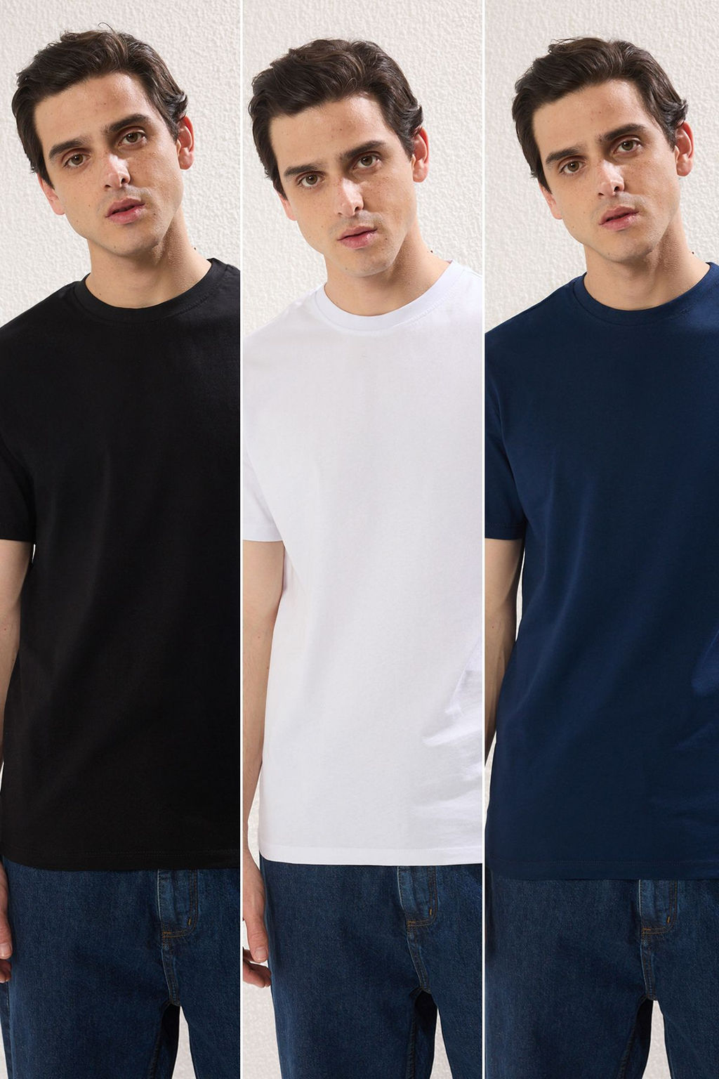 Trendyolmilla Man Siyah-Beyaz-Lacivert 3lu Oversize/Genis Kesim Etiketli %100 Pamuk Tok Kumas T-shirt TMNSS25TS00083