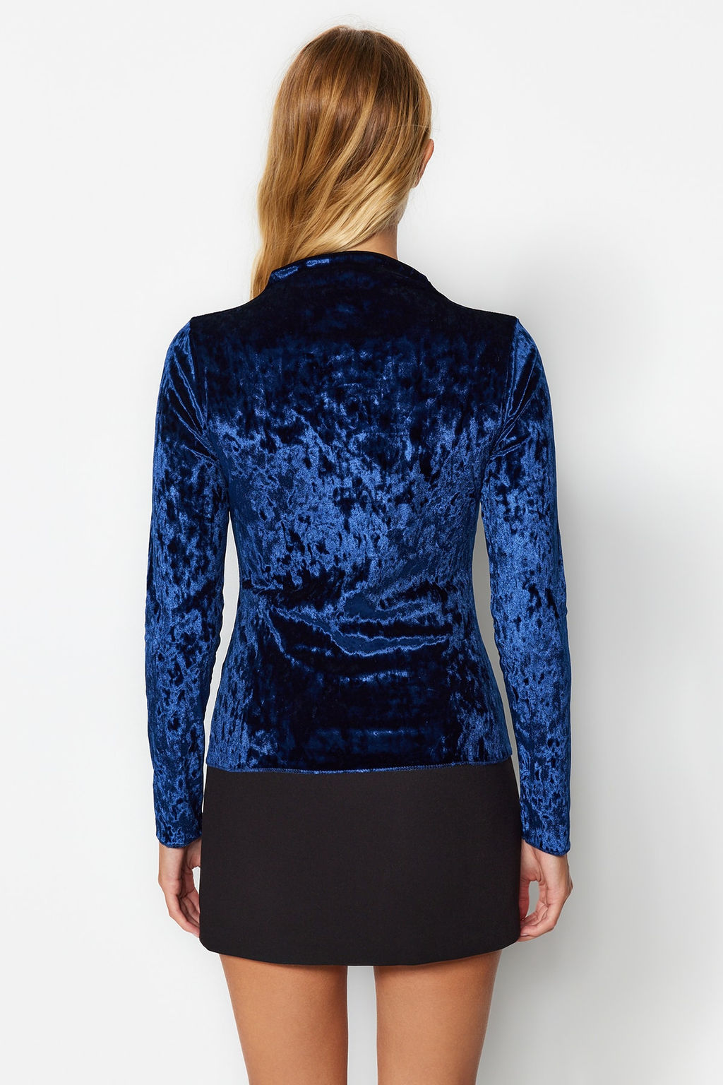 Lacivert Kadife Dik Yaka Slim Fit Uzun Kollu Orme Bluz TWOAW24BZ00157 - Trendyolmilla фото 5