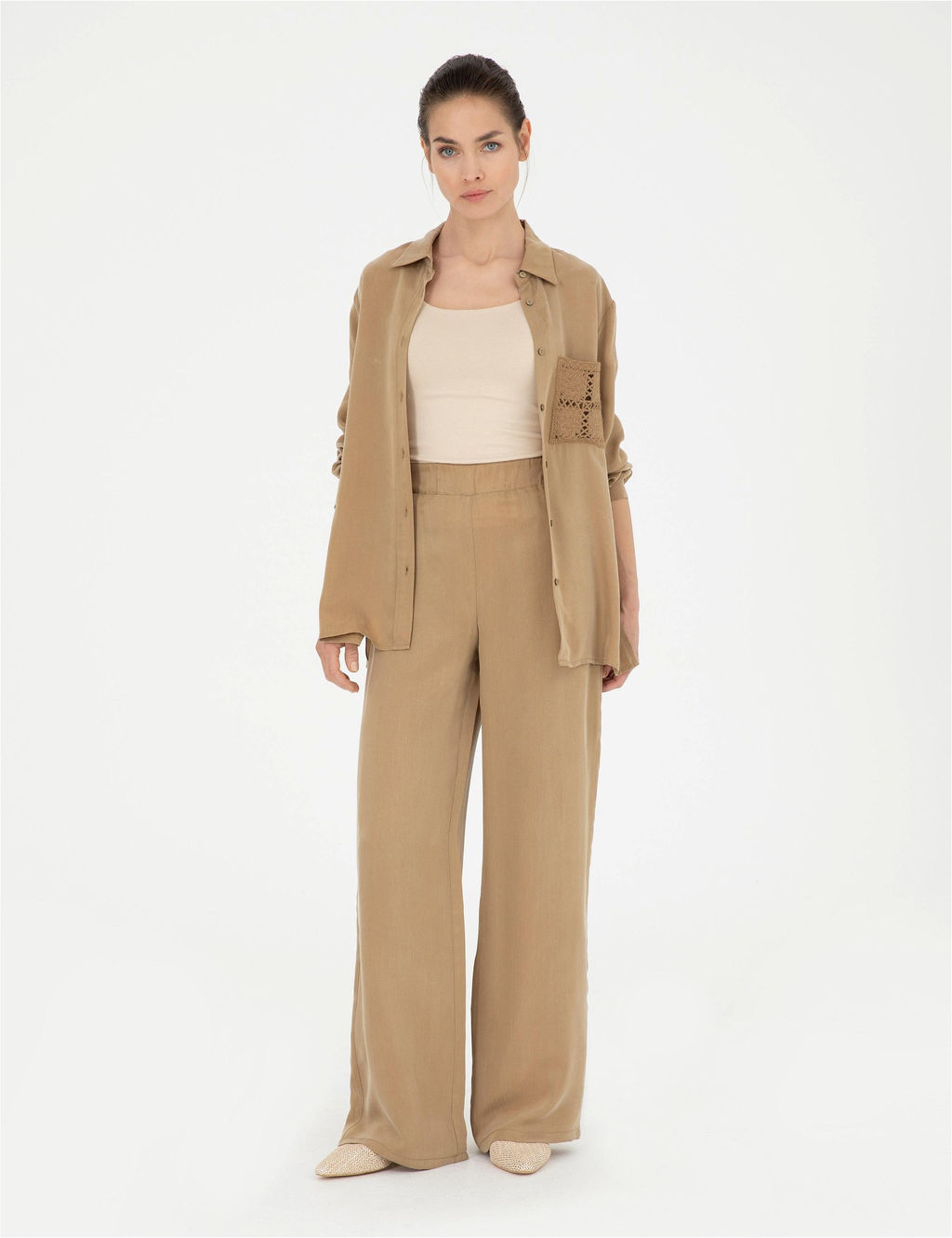 Bej Cupro Dokulu Wide Leg Pantolon