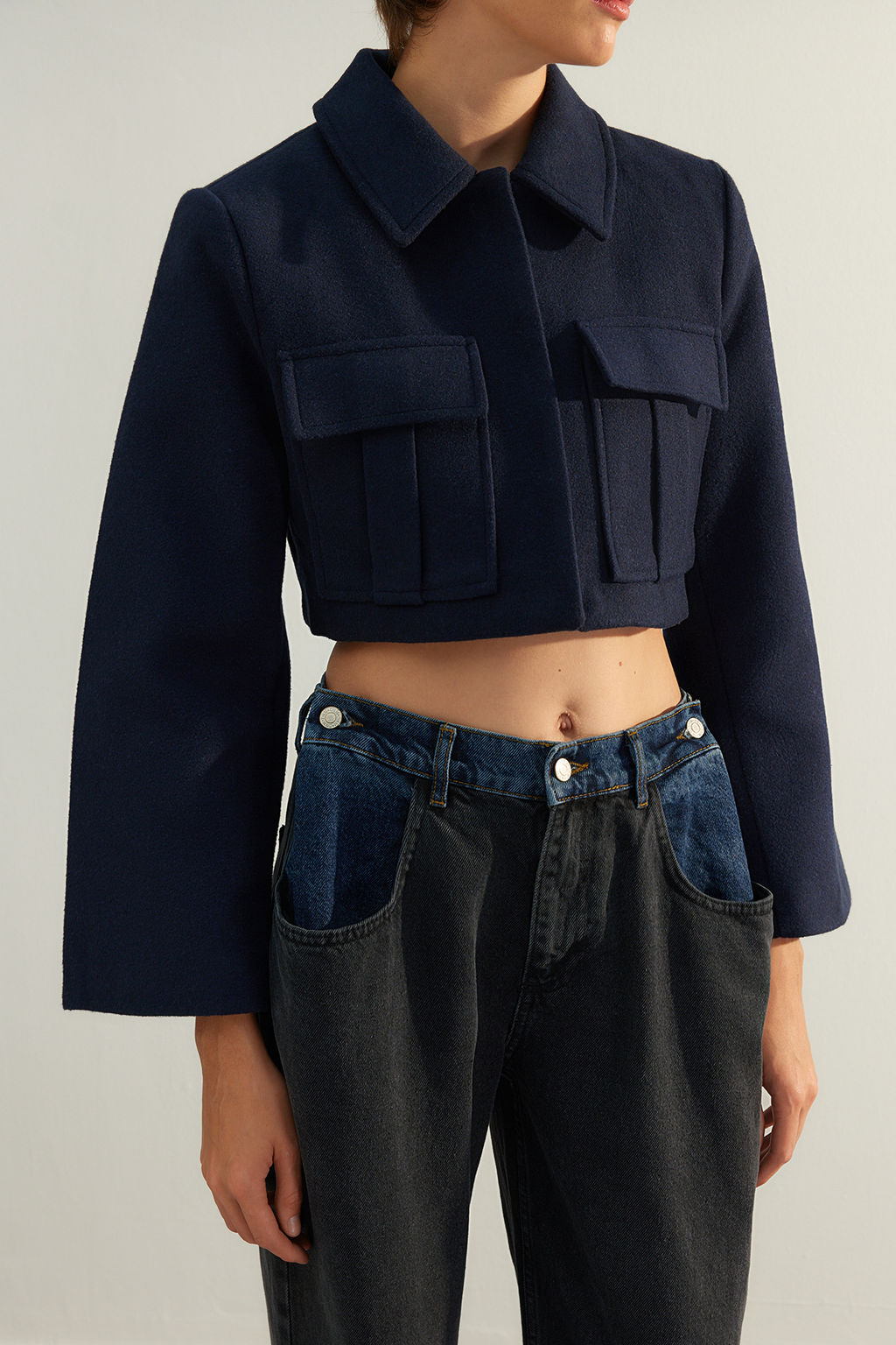 Limited Edition Lacivert Fitted Crop Dokuma Ceket TWOAW24CE00123 - Trendyolmilla фото 4