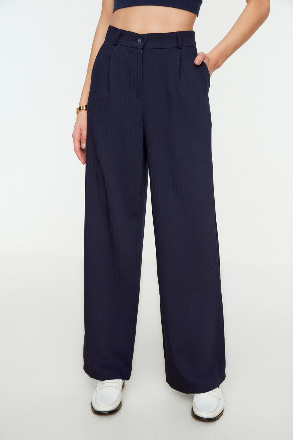 TRENDYOLMILLA Vizon Yuksek Bel Wide Leg/Genis Paca Cizgili Dokuma Pantolon TWOSS22PL0100  фото 4