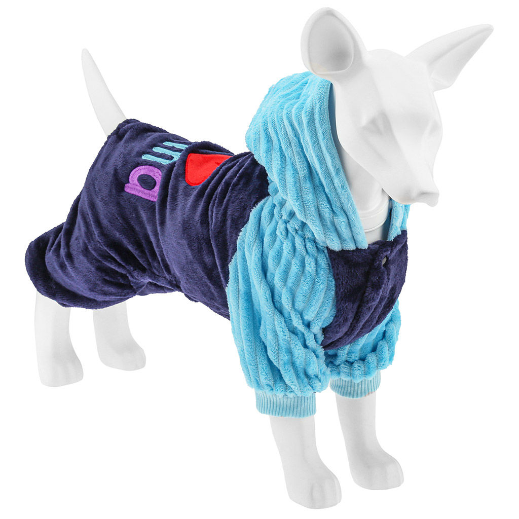 Пэт тойс (Pet toys) Одежда для собаки Комбинезон I Mama/Papa с капюшоном, с принтом, на кнопках, р-р L 38-42см, длина спинки 30см/обхват груди 42см/обхват шеи 32см, цвет-синий с голубым, плюш (100% полиэстер) (Китай)
