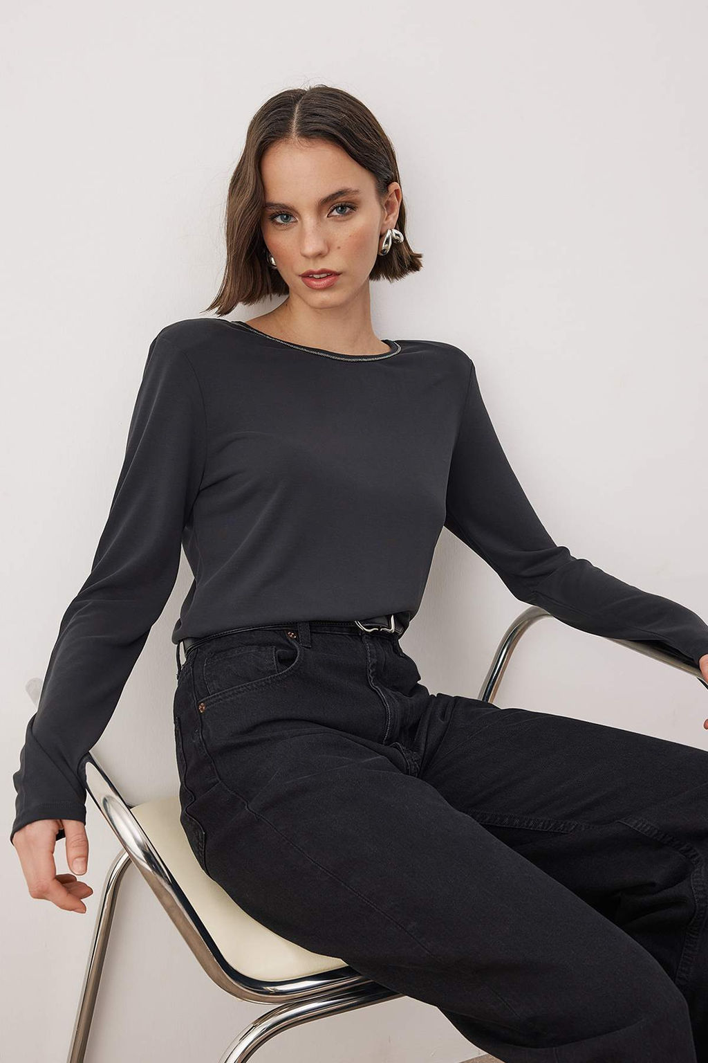 Antrasit Modal Yakas? Tasl? Bisiklet Yaka Orme Bluz TWOAW26BZ00351