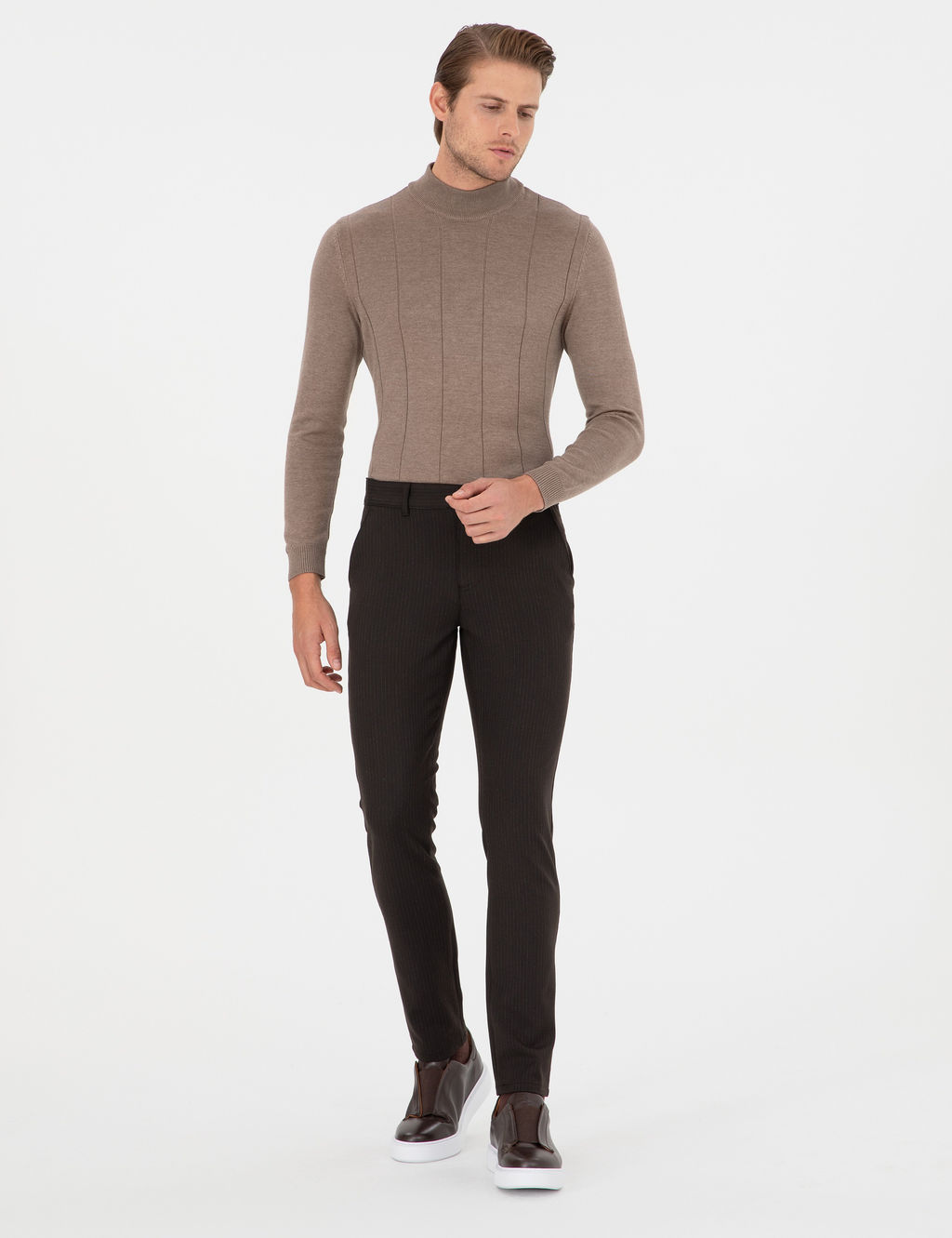 Kahverengi Slim Fit _izgili Kanvas Pantolon