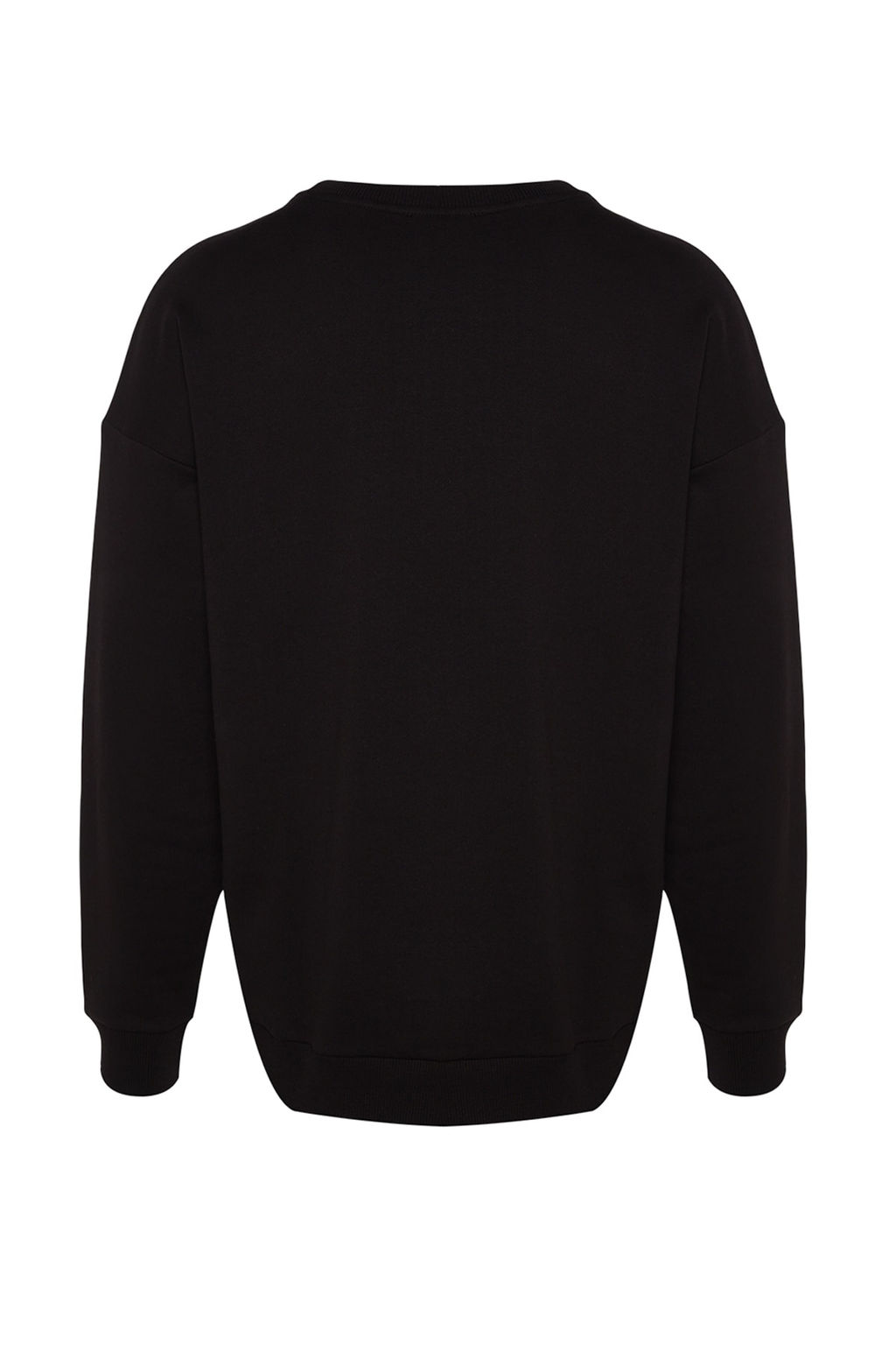 Siyah Premium Bisiklet Yaka Oversize/Genis Kesim Yaz? Nak?sl? Sardonsuz Sweatshirt TMNAW24SW00039