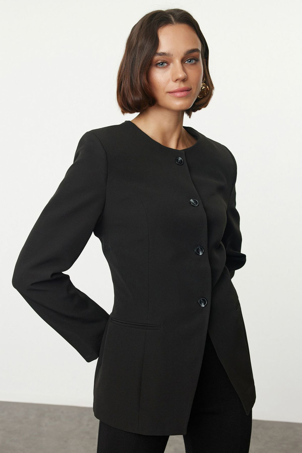 TRENDYOLMILLA Siyah Yuvarlak / Bisiklet Yakal? Fitted Bele Oturan Dokuma Blazer Ceket TWOAW25BC00009  фото 2