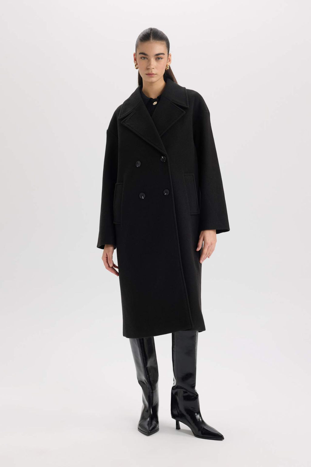 Oversize Genis Kal?p Ceket Yaka Dugmeli Uzun Kase Kaban - Defacto фото 2