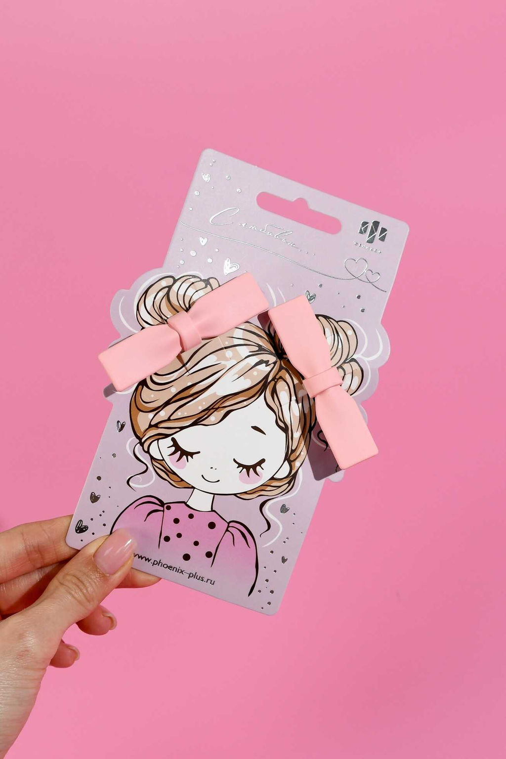 Набор заколок для волос зажим, арт. 71787 / 10 БАНТИКИ (в наборе: 2шт., 6,3 см, черный металл, полиметилметакрилат, цвет: розовый, подложка из мелованного картона + ПЭТ-пакет с европодвесом)