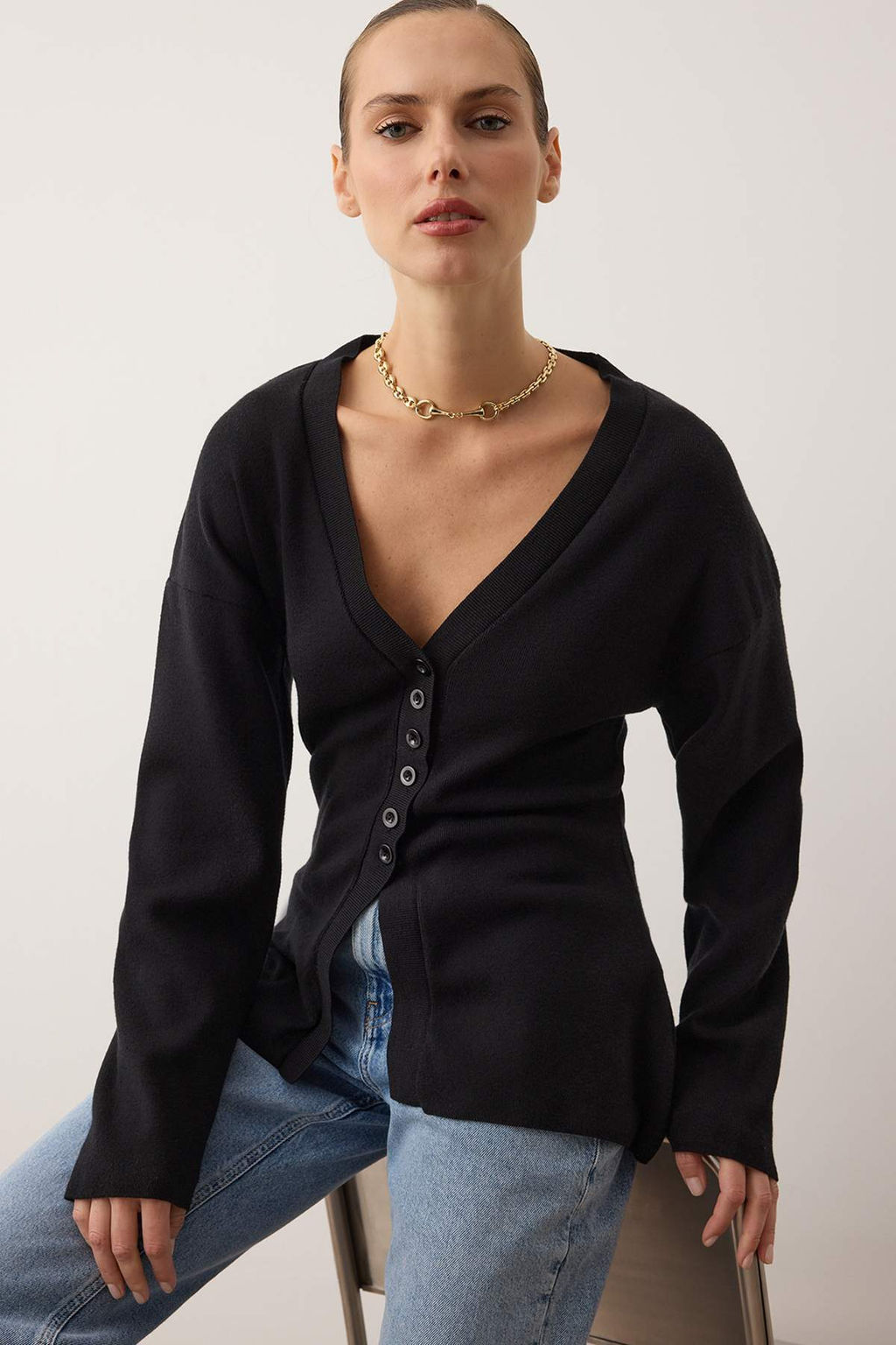 Siyah V Yaka Merserize Gorunumlu Premium Iplik/Ozel Iplik Triko H?rka TWOAW26HI00079